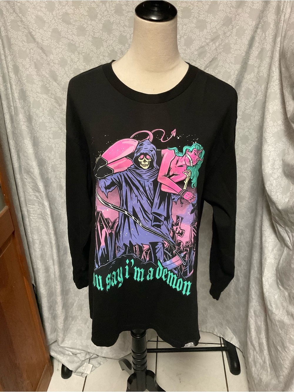 Black Long-Sleeve Kids Graphic Tee with Neon Grim Reaper Print